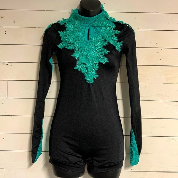 Weissman Tops - Black & Teal Boyshorts Dance Halloween Costume Unitard Long Sleeves Appliqués